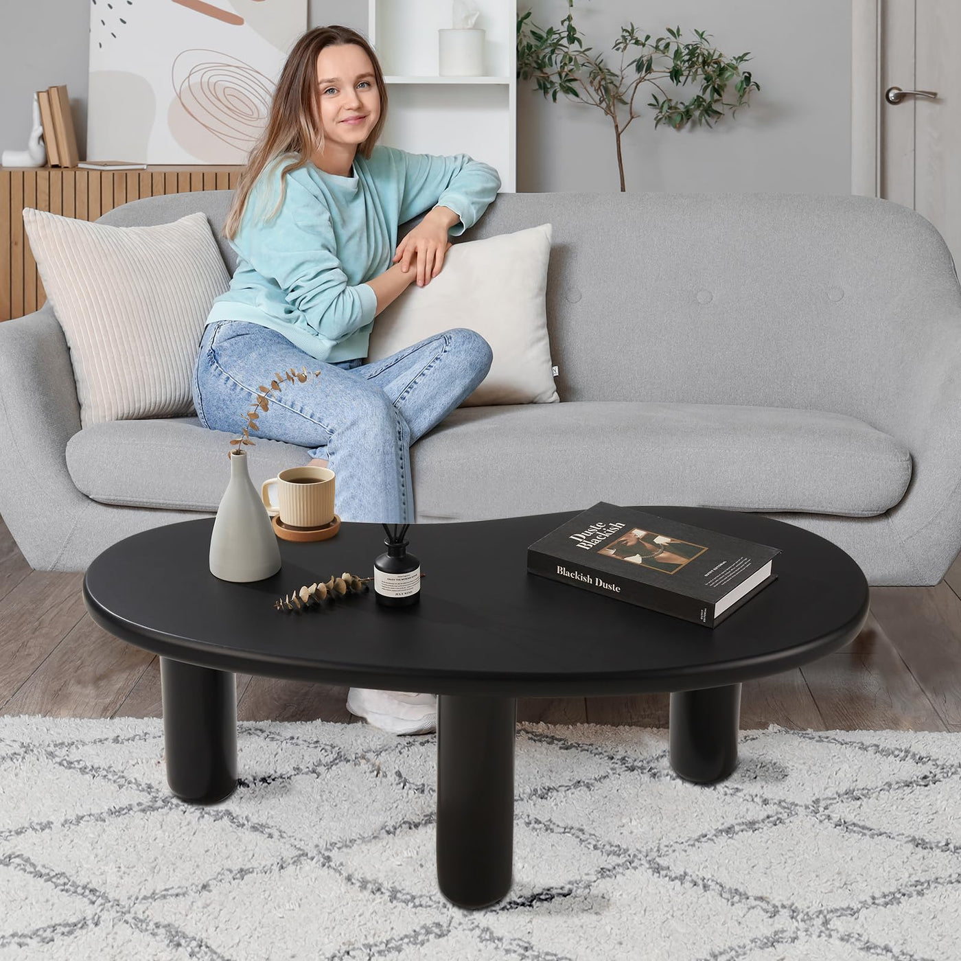MAXYOYO 35.4 "Coffee Table, Irregular Cashew Shaped Coffee Table, Cute Cloud Coffee Table, Central Rounded Low Table, Black