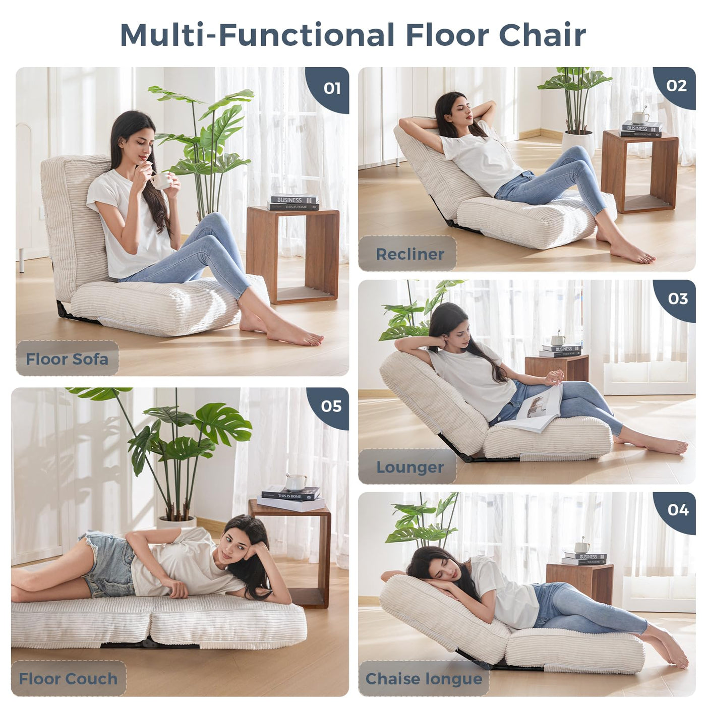 MAXYOYO Adjustable Floor Chair with Back Support, Gaming Chair Floor Meditation Chair, Beige