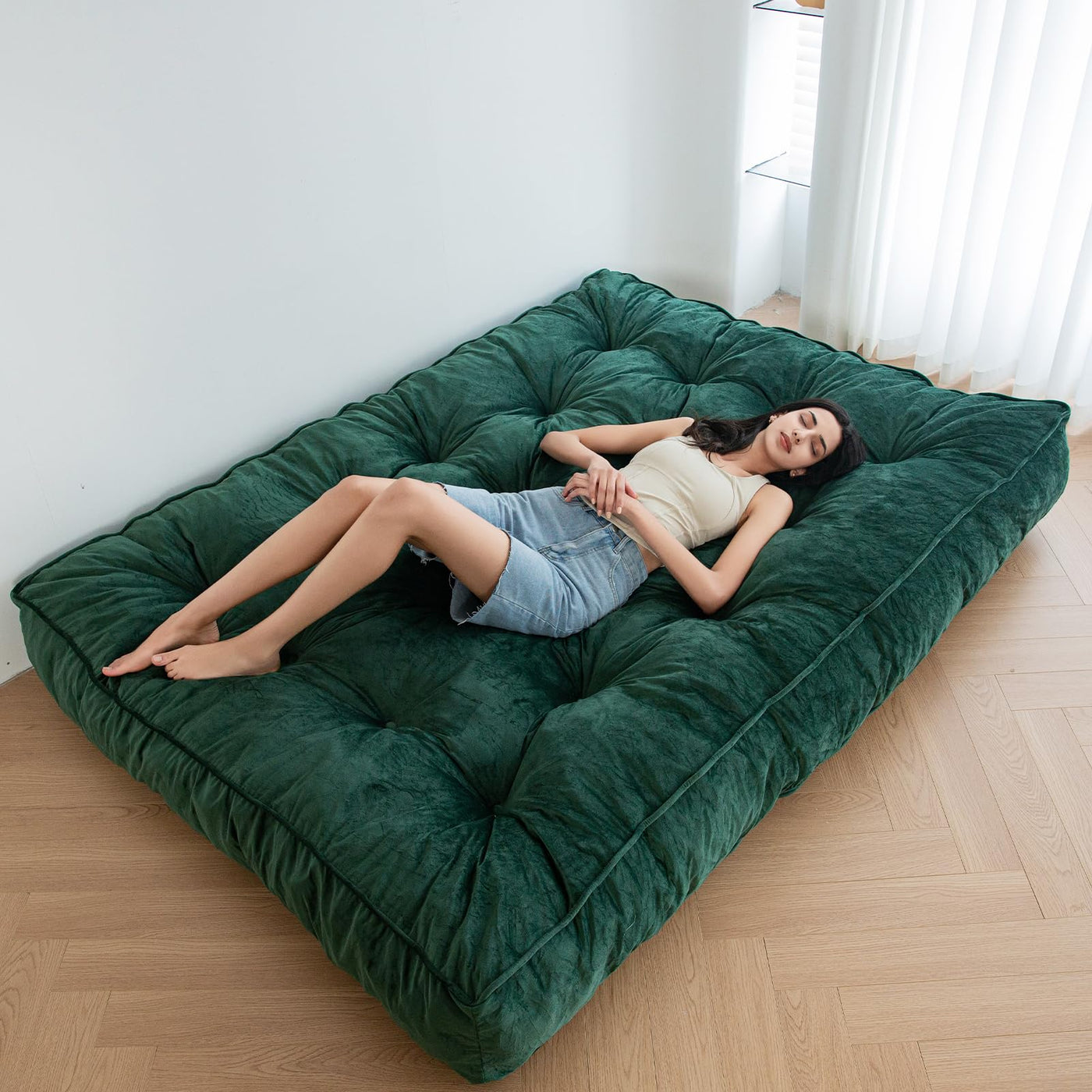 MAXYOYO 8" Thick Futons Sofa Couch Bed, Velvet Tufting Futon Mattress for Adults (Mattress Only), Green