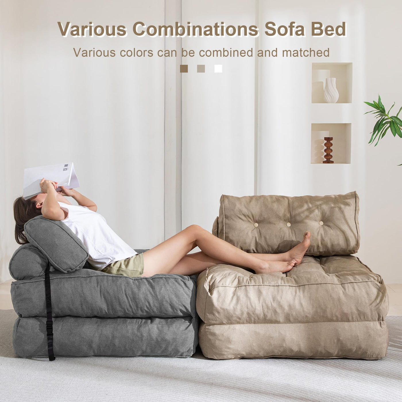 MAXYOYO Folding Couch Sofa Bed, Convertible Sleeper Chairs with Back Support and Pillow, Grey