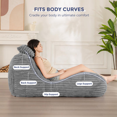 MAXYOYO Chaise Lounge with Pillow, Ergonomic Chaise Lounge Chair Indoor, Soft Fabric Velvet Floor Sofa, Fainting Couch for Bedroom Living Room, Grey