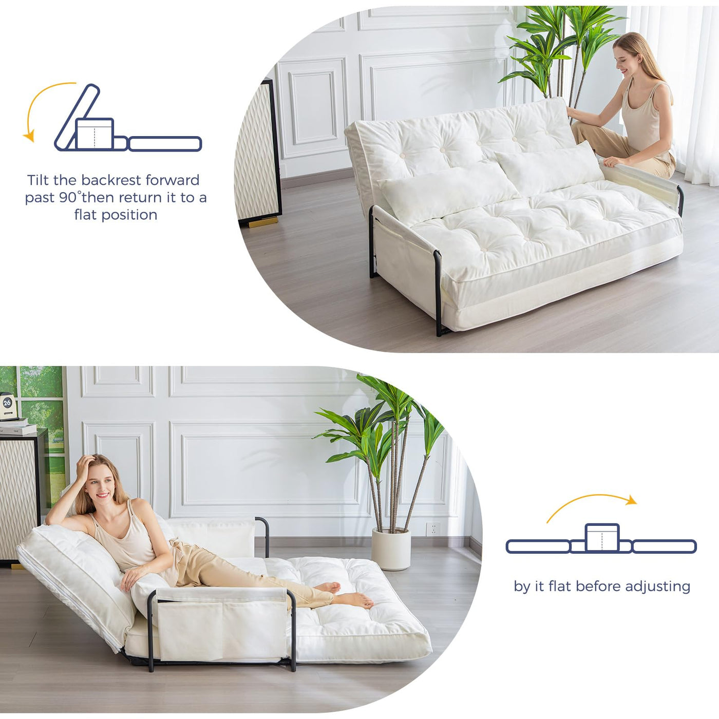 MAXYOYO Adjustable Floor Sofa Couch, Velvet Convertible Lazy Sofa Sleeper Bed with Pillows and Armrest, Double, Beige