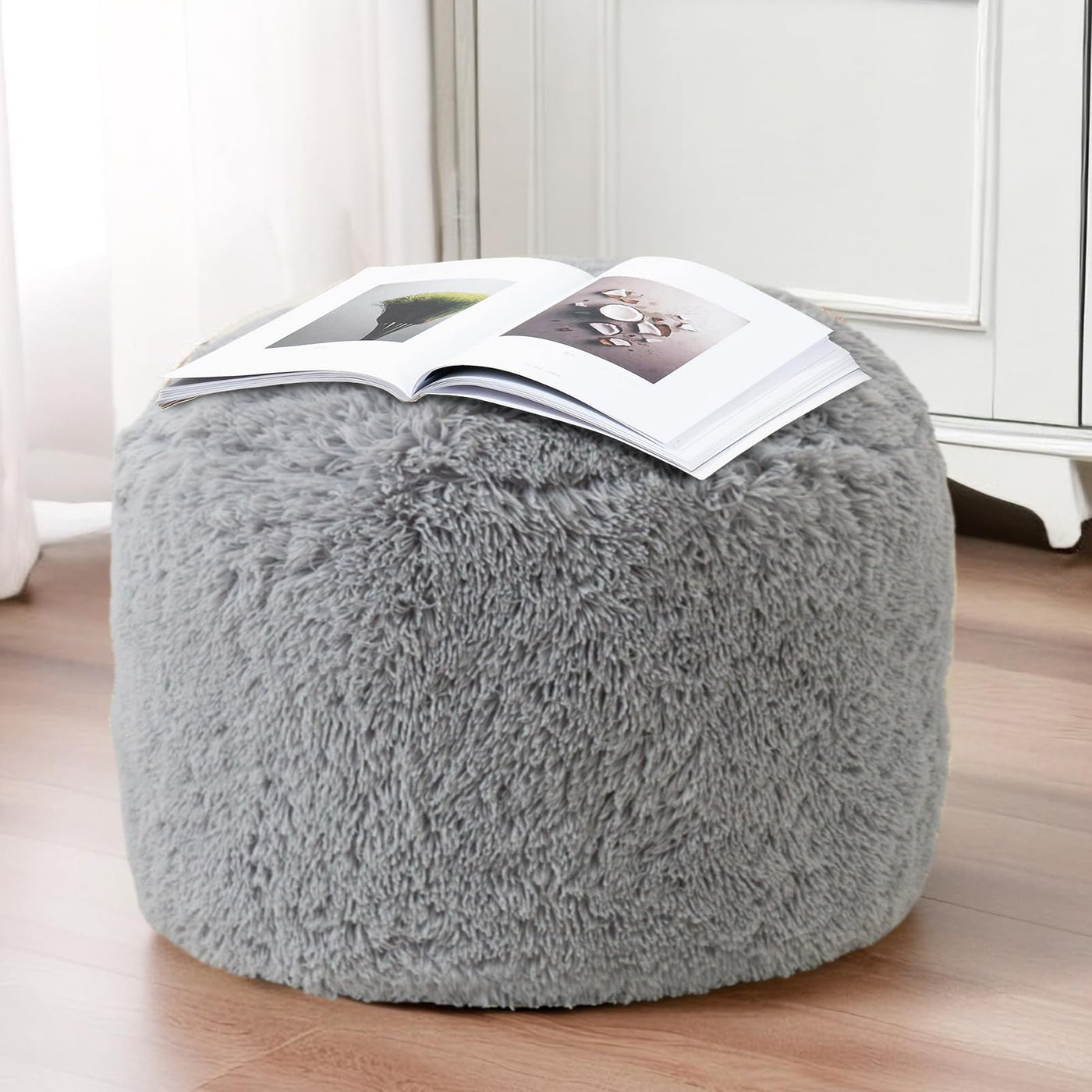 MAXYOYO Round Stuffed Pouf Ottoman, Long Faux Fur Poufs with Foam Chunk Filling, Grey