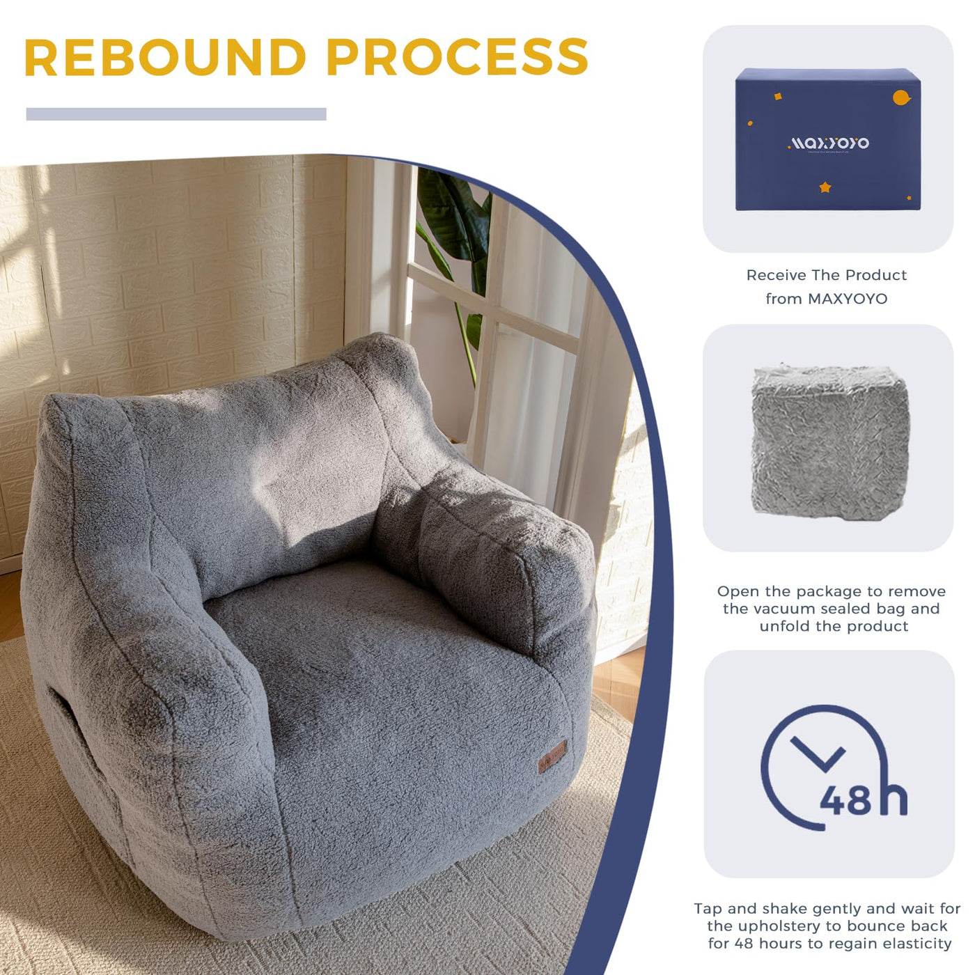 MAXYOYO Bean Bag Chair, Tufted Bean Bag Chair with Boucle Fabric, Comfy Lazy Sofa with Filler for Adults Teens, Grey