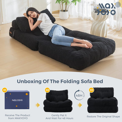 MAXYOYO Fuzzy Folding Sofa Bed, Convertible Sleeper Chair with Pillow Foldable Mattress with Back Support, Black