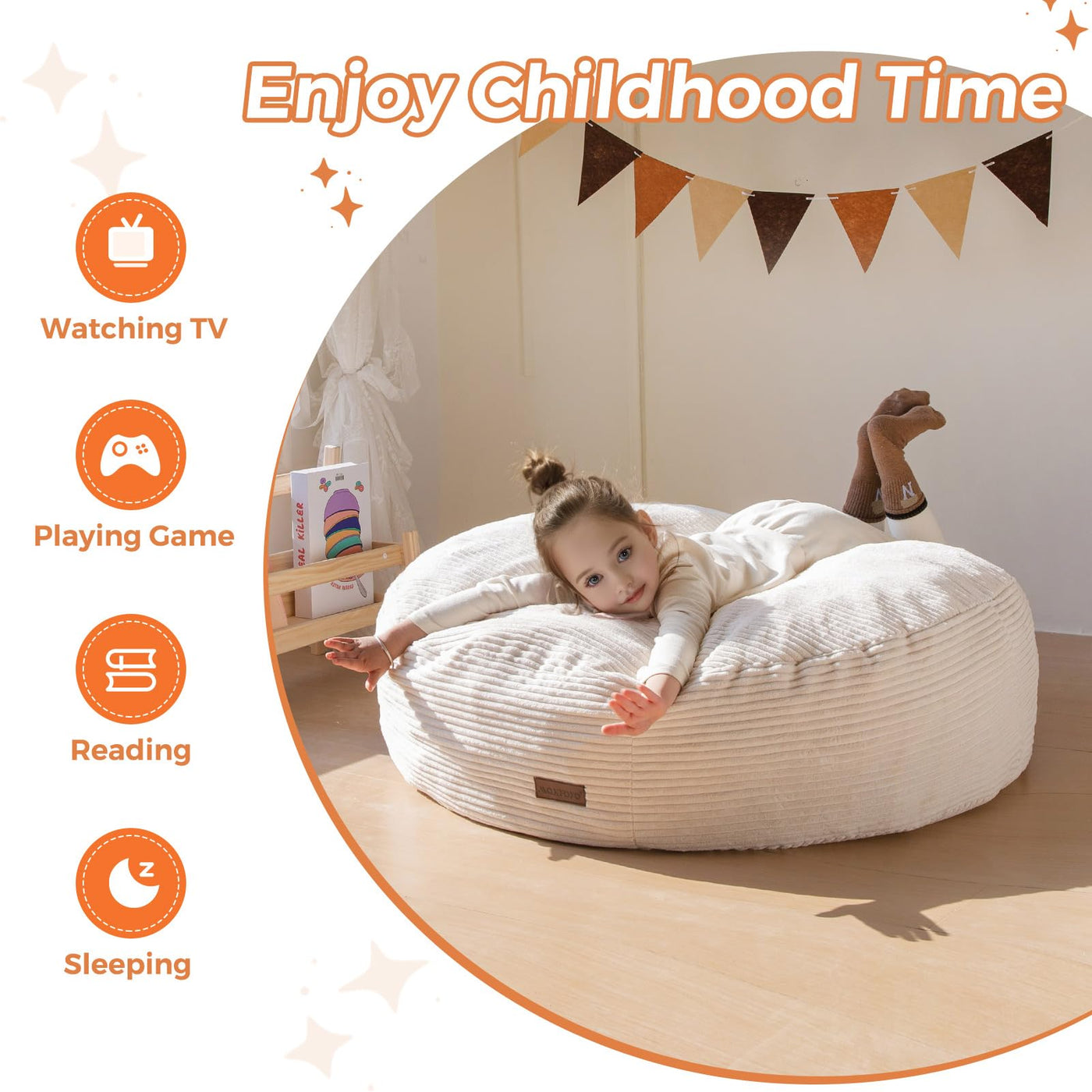 MAXYOYO 3-in-1 Kids Convertible Bean Bag Chair & Bed, Corduroy Round Child Floor Sofa for Gaming, Reading, Beige