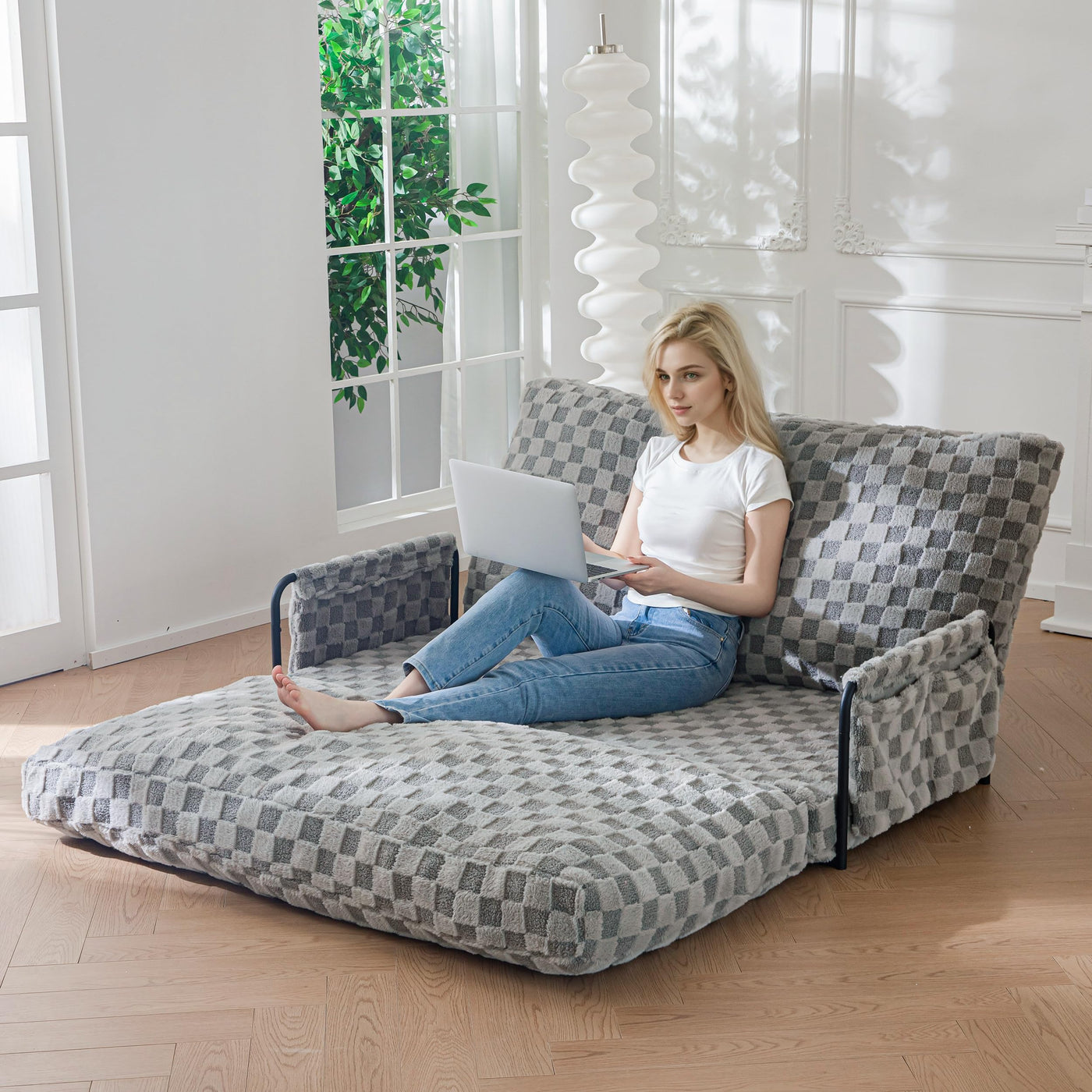 MAXYOYO Adjustable Lazy Floor Sofa, 5-Position Foldable Sleeper Chair with Armrest for Reading, Grey
