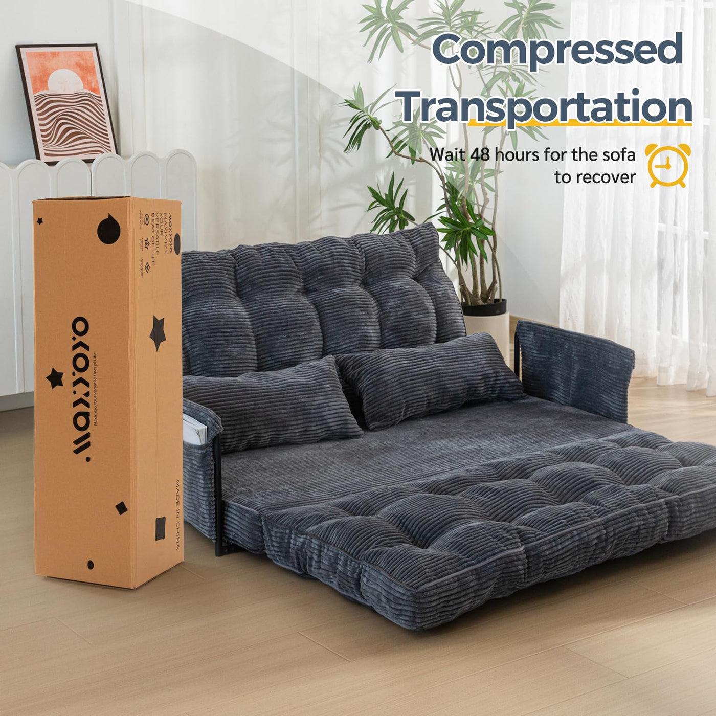 MAXYOYO Adjustable Floor Sofa Bed with 2 Pillows, Multi-Functional Bean Bag Sleeper Bed with Armrest for Reading Gaming, Dark Grey