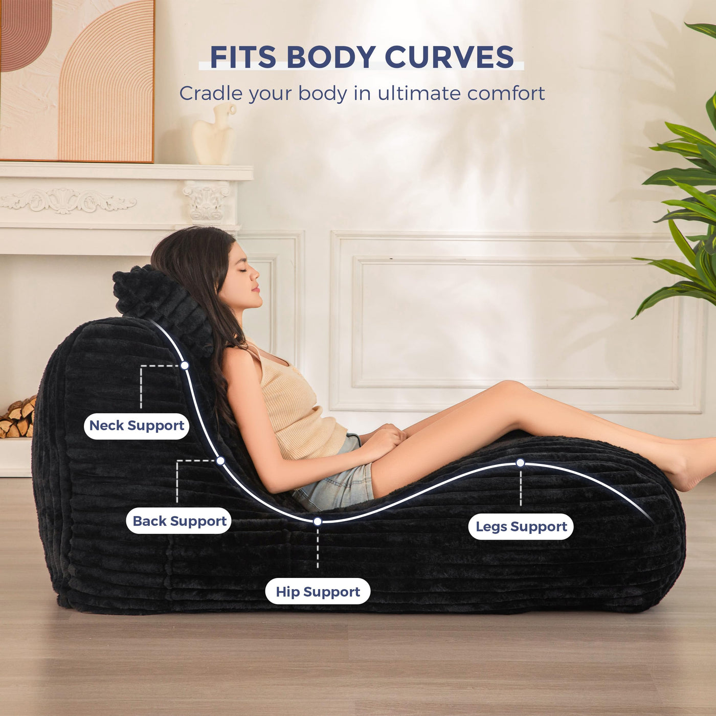 MAXYOYO Chaise Lounge with Pillow, Ergonomic Chaise Lounge Chair Indoor, Soft Fabric Velvet Floor Sofa, Fainting Couch for Bedroom Living Room, Black