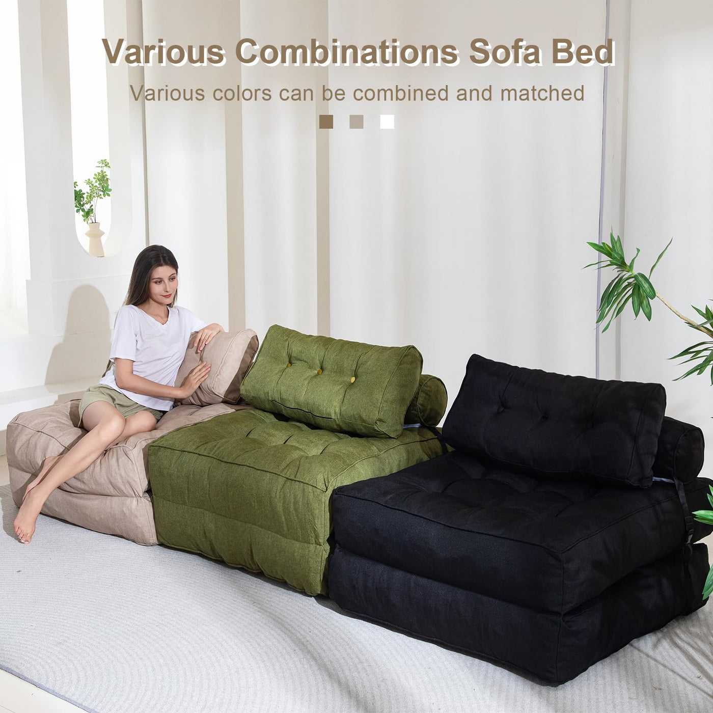 MAXYOYO Folding Couch Sofa Bed, Convertible Sleeper Chairs with Back Support and Pillow, Black