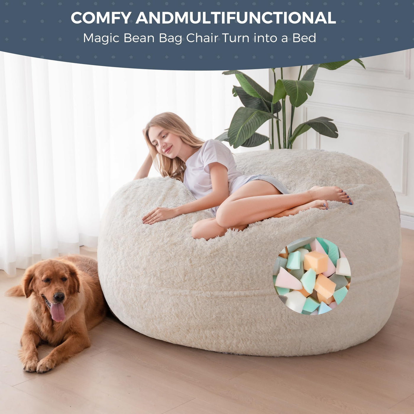 MAXYOYO Giant Bean Bag Chair Bed for Adults, Includes Two Beds, Convertible Beanbag Folds from Lazy Chair to Floor Mattress Bed, Big Sofa Bed, High-Density Foam Filling, Machine Washable, Beige