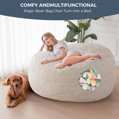 MAXYOYO Giant Bean Bag Chair Bed for Adults, Includes Two Beds, Convertible Beanbag Folds from Lazy Chair to Floor Mattress Bed, Big Sofa Bed, High-Density Foam Filling, Machine Washable, Beige