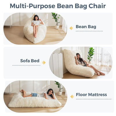 MAXYOYO 3 in 1 Bean Bag Chair, Giant Bean Bag Sofa Bed, Floor Mattress with High-Density Foam Filling, White