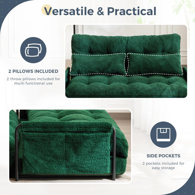 MAXYOYO Adjustable Floor Sofa Couch with 2 Pillows, Boucle Convertible Lazy Sofa Sleeper Bed with Armrest, Double, Green