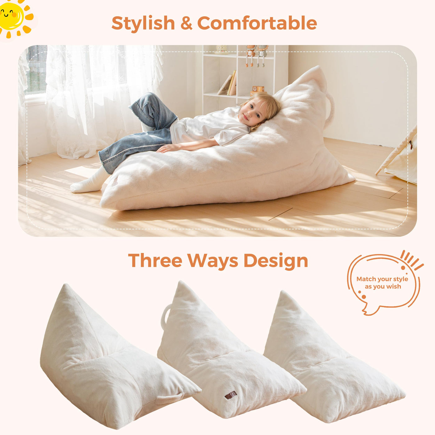 MAXYOYO Kids Bean Bag Chair - Handle Design, High-Density Foam Floor Lounger, White