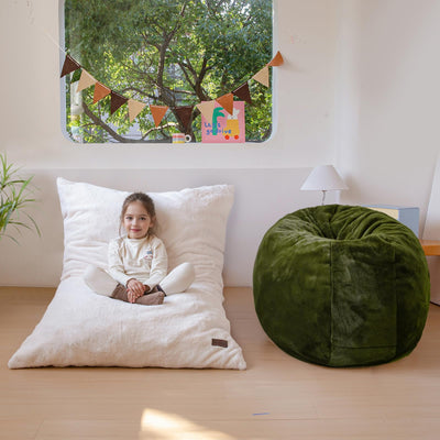 MAXYOYO 3 in 1 Kids Bean Bag Chair Bed, Faux Fur Child Floor Sofa for Gaming, Reading (Beige)
