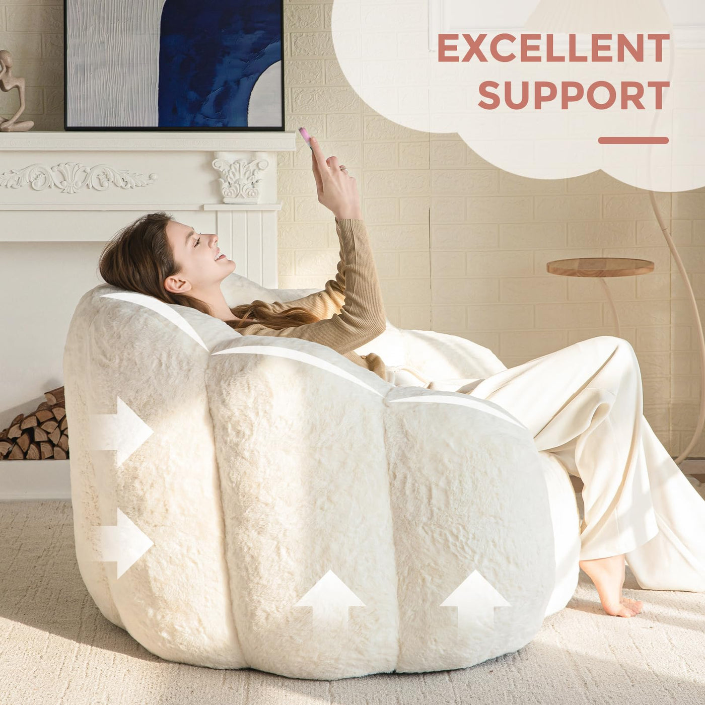 MAXYOYO Bean Bag Chair, Floral Shape Ultra Soft Faux Fur Petal Back Sofa for Adults, Single Size (Beige)