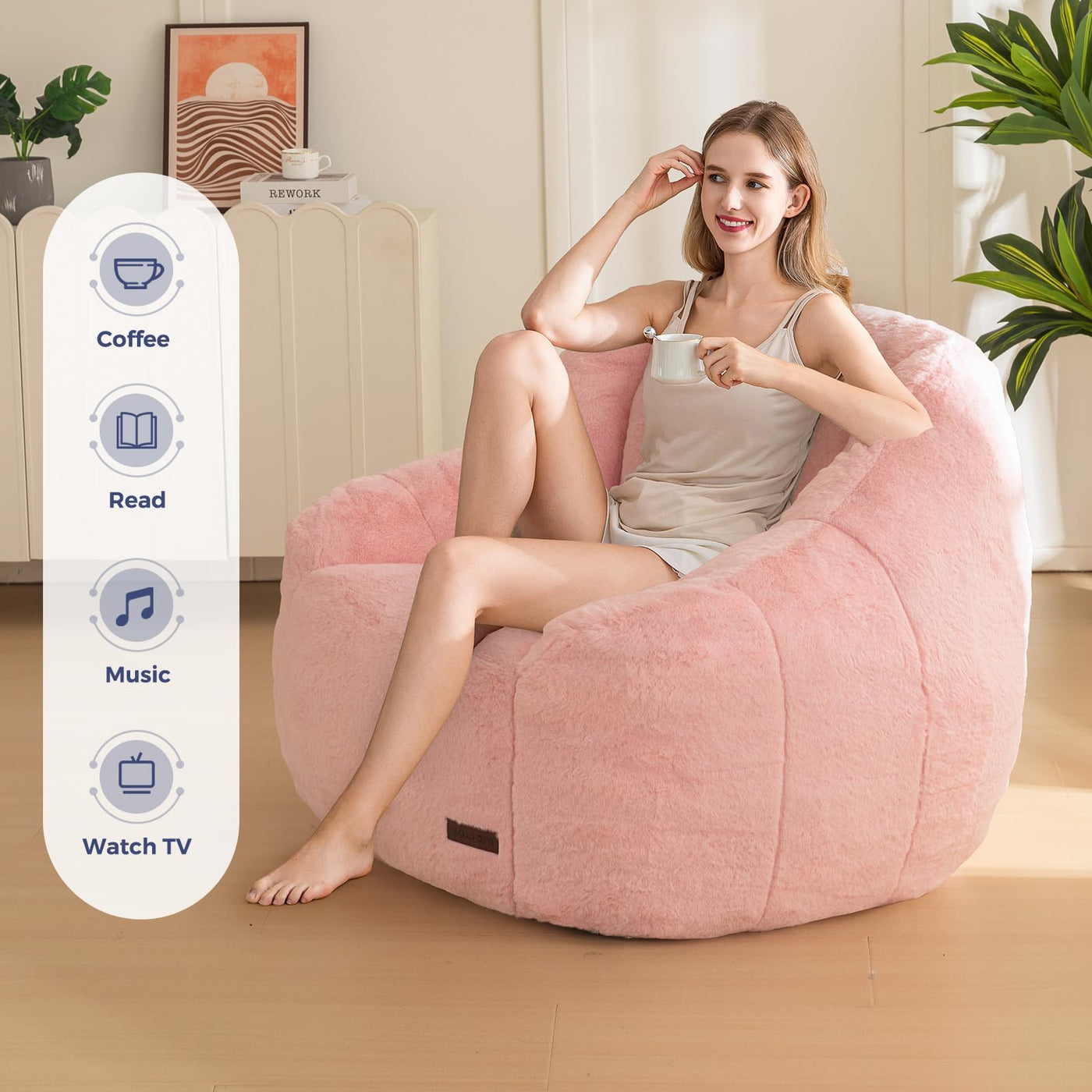 MAXYOYO Bean Bag Chair, Faux Fur Oversized Bean Bag Couch with High Backrest for Living Room, Bedroom, Apartment (Pink)