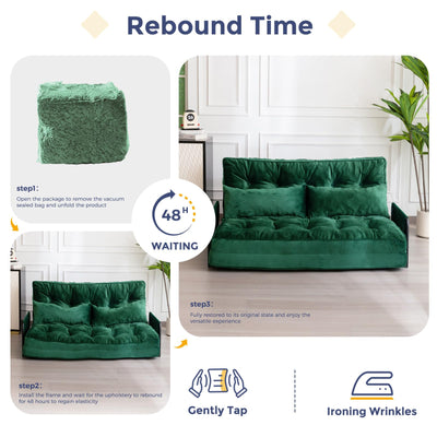 MAXYOYO Adjustable Floor Sofa Couch, Velvet Convertible Lazy Sofa Sleeper Bed with Pillows and Armrest, Double, Green