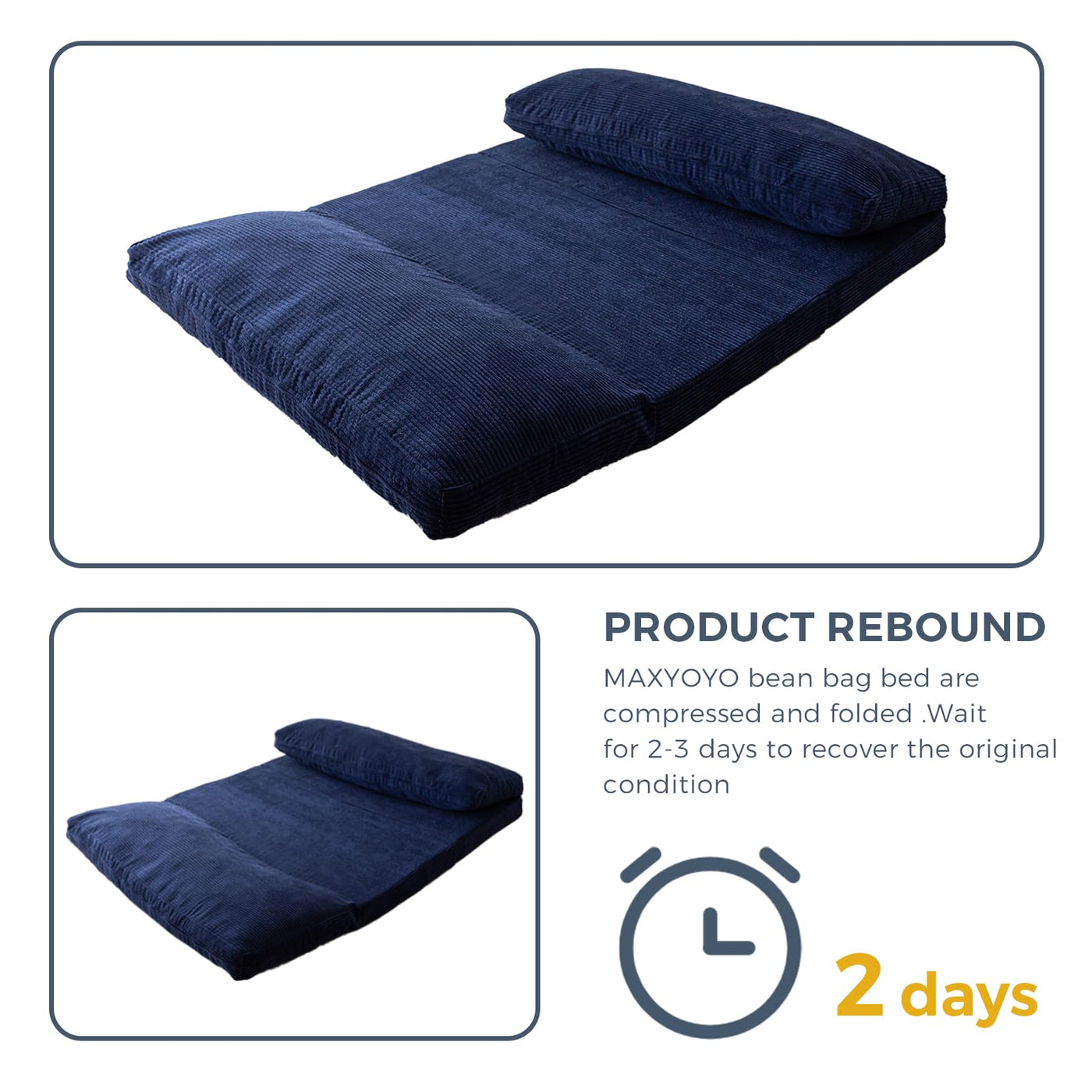 MAXYOYO Bean Bag Folding Sofa Bed with Corduroy Washable Cover, Extra Thick and Long Floor Sofa for Adults, Navy