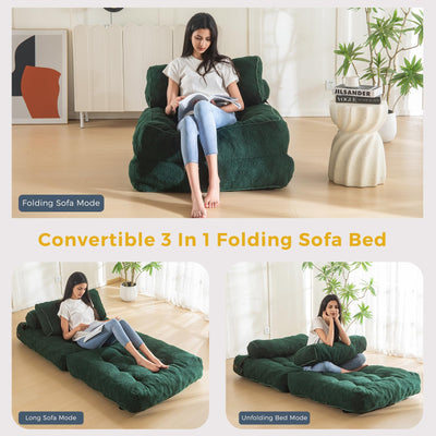 MAXYOYO Fuzzy Folding Sofa Bed, Convertible Sleeper Chair with Pillow Foldable Mattress with Back Support, Green
