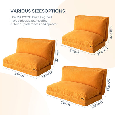 MAXYOYO Bean Bag Folding Sofa Bed with Corduroy Washable Cover, Extra Thick and Long Floor Sofa for Adults, Orange