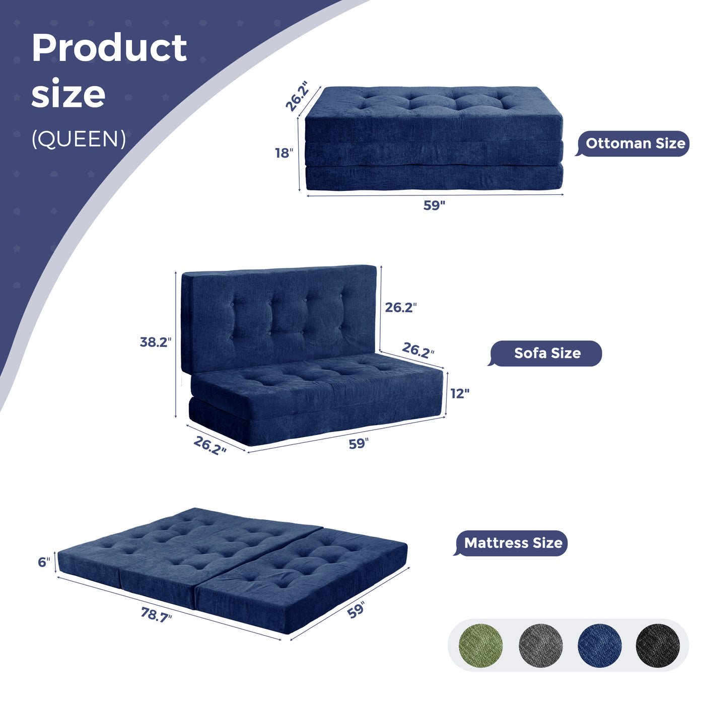 MAXYOYO Tri-Fold Mattress, 6 Inch Tufted Folding Mattress with Chenille Fabric, Portable Queen Size Floor Guest Mat for Adults, Foldable Topper for Camping
