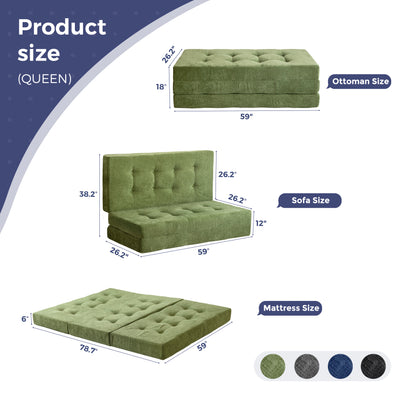 MAXYOYO Tri-Fold Mattress, 6 Inch Tufted Folding Mattress with Chenille Fabric, Portable Queen Size Floor Guest Mat for Adults, Foldable Topper for Camping