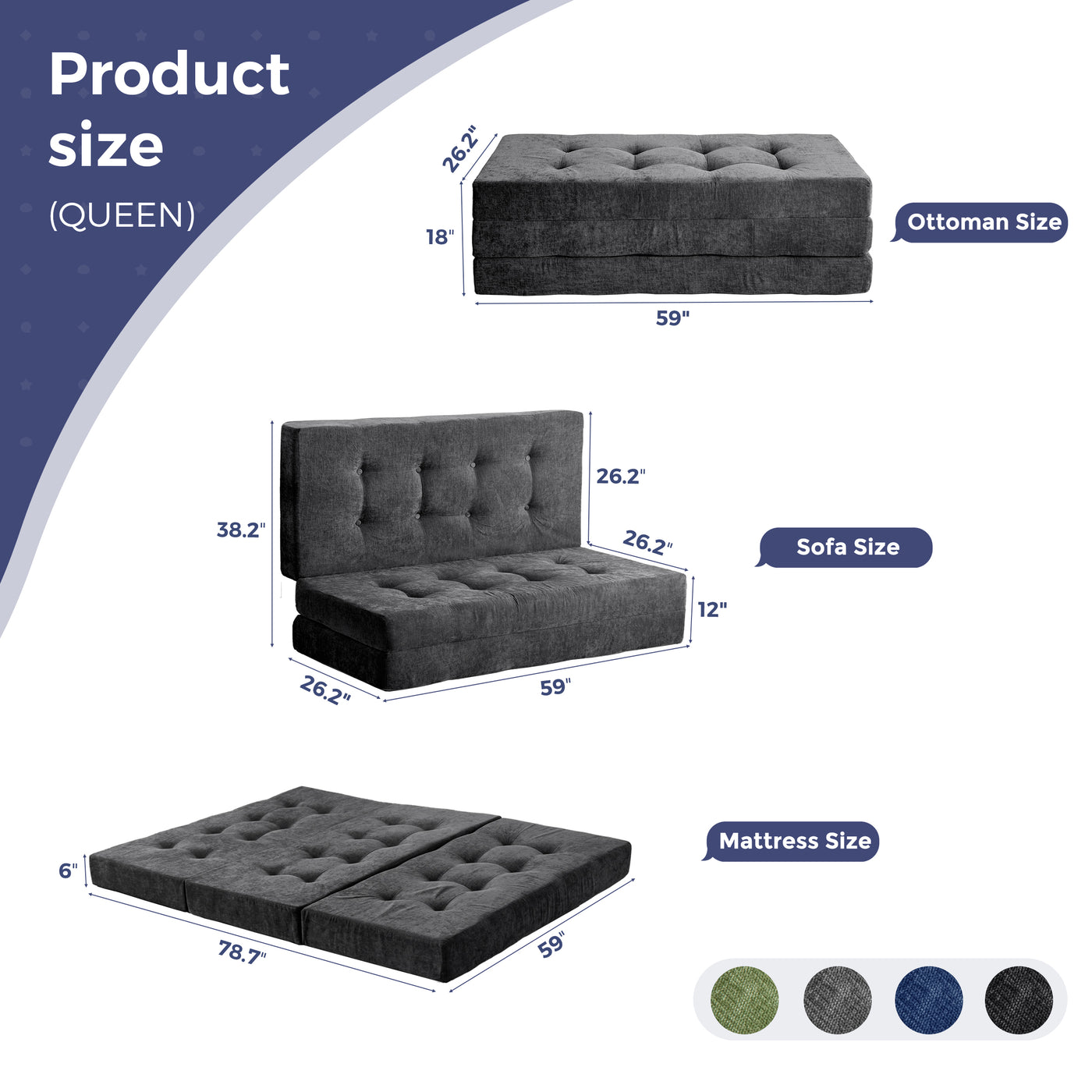MAXYOYO Tri-Fold Mattress, 6 Inch Tufted Folding Mattress with Chenille Fabric, Portable Queen Size Floor Guest Mat for Adults, Foldable Topper for Camping