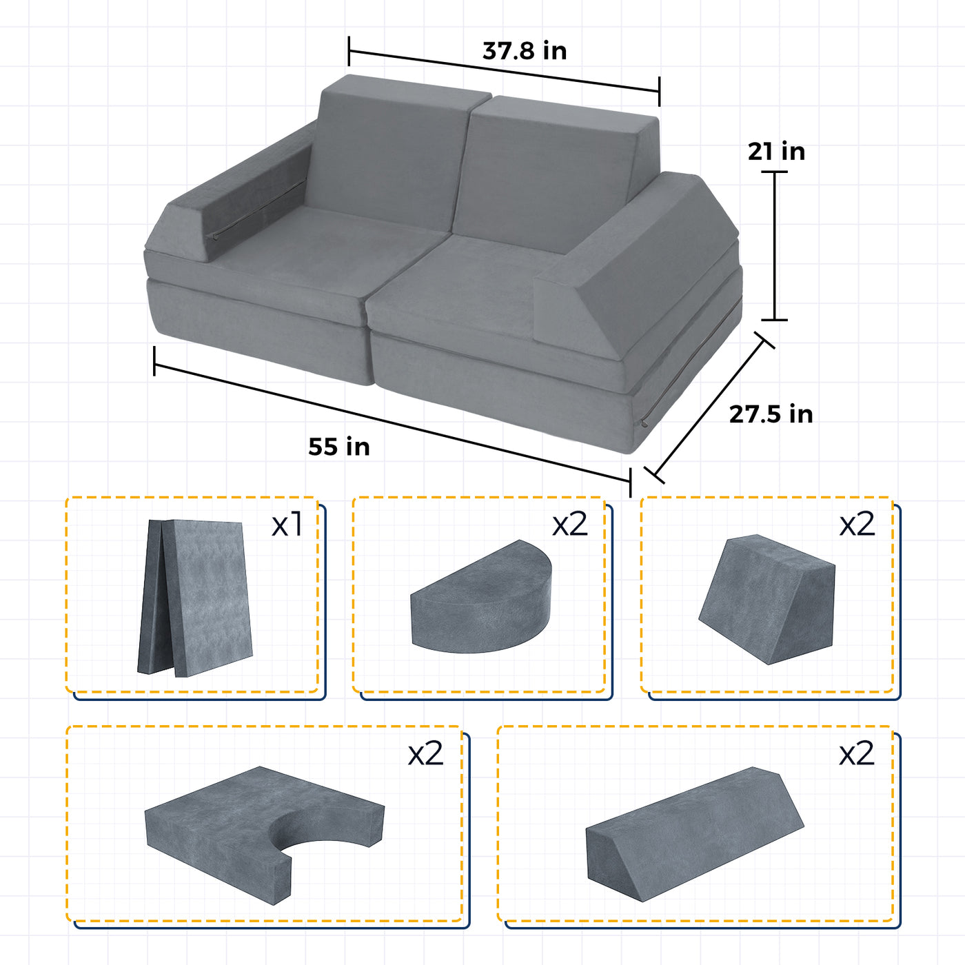 MAXYOYO 10-Piece Modular Convertible Kids Play Couch Sofa Set with Removable Velvet Covers (Grey)