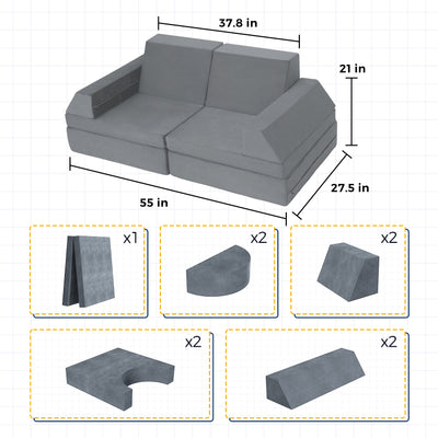 10-Piece Modular Convertible Kids Play Couch Sofa Set with Removable Velvet Covers (Grey)