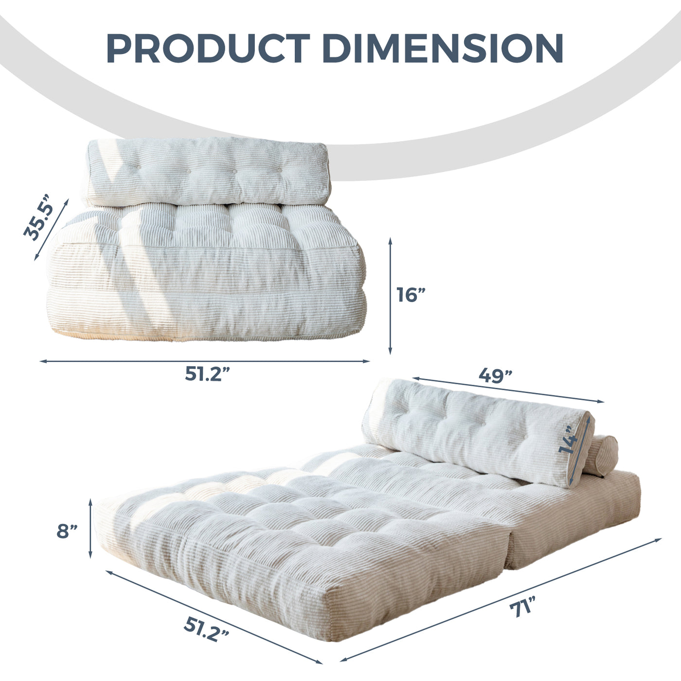 MAXYOYO Corduroy Folding Sofa Bed, Convertible Sleeper Chair with Pillow Foldable Mattress with Back Support(Double), Beige