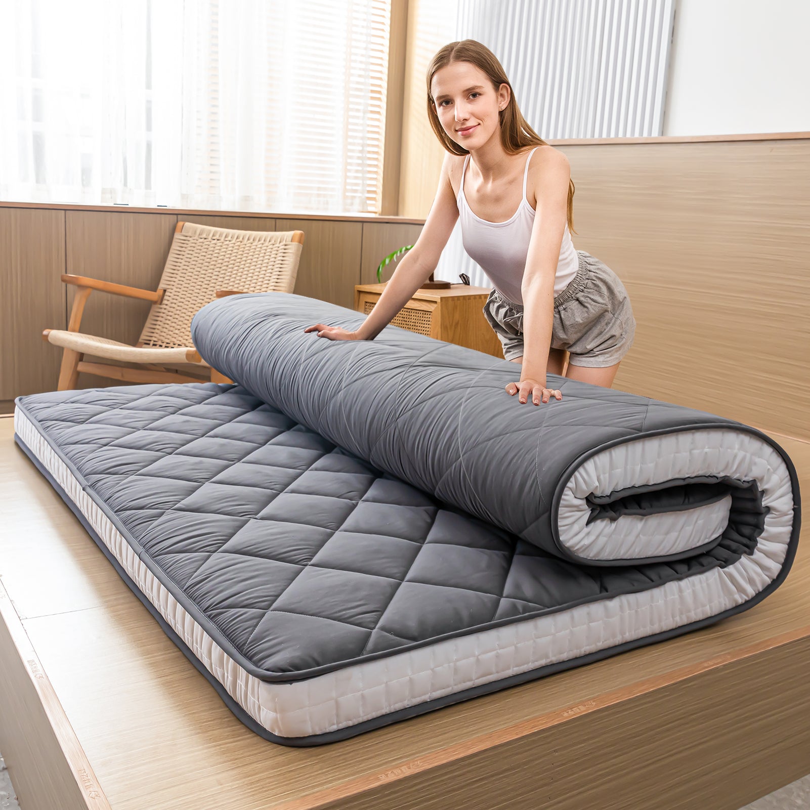 Futon Mattress, Padded Japanese Floor Mattress Quilted Bed Mattress Topper,  Extra Thick Folding Sleeping Pad, Grey, Twin 