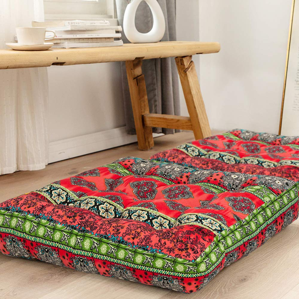 MAXYOYO Square Bohemian Floor Cushion, for Yoga Living Room Sofa Balcony Outdoor, Red, 22x22 Inch