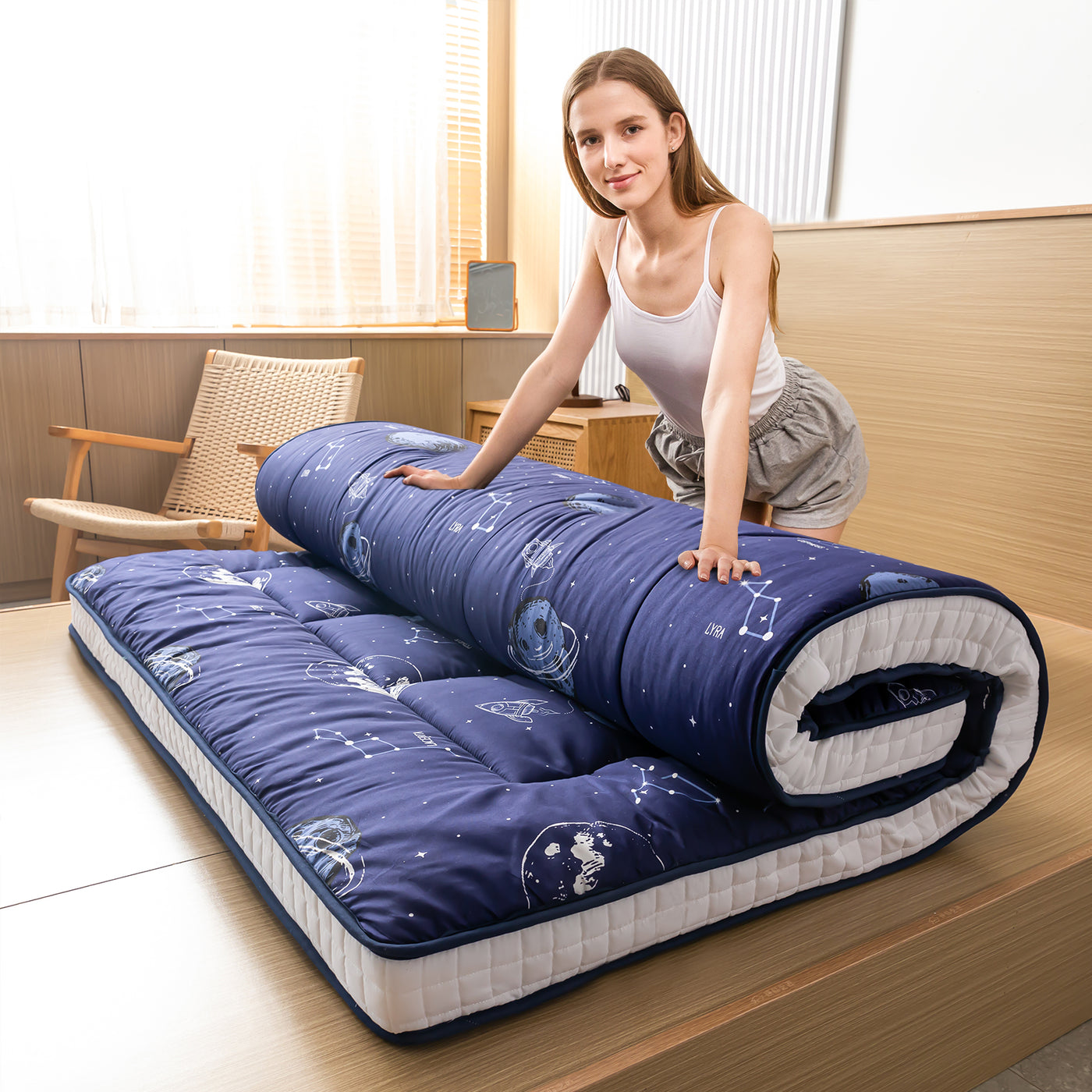 MAXYOYO Padded Japanese Floor Mattress,  Navy Space Adventure