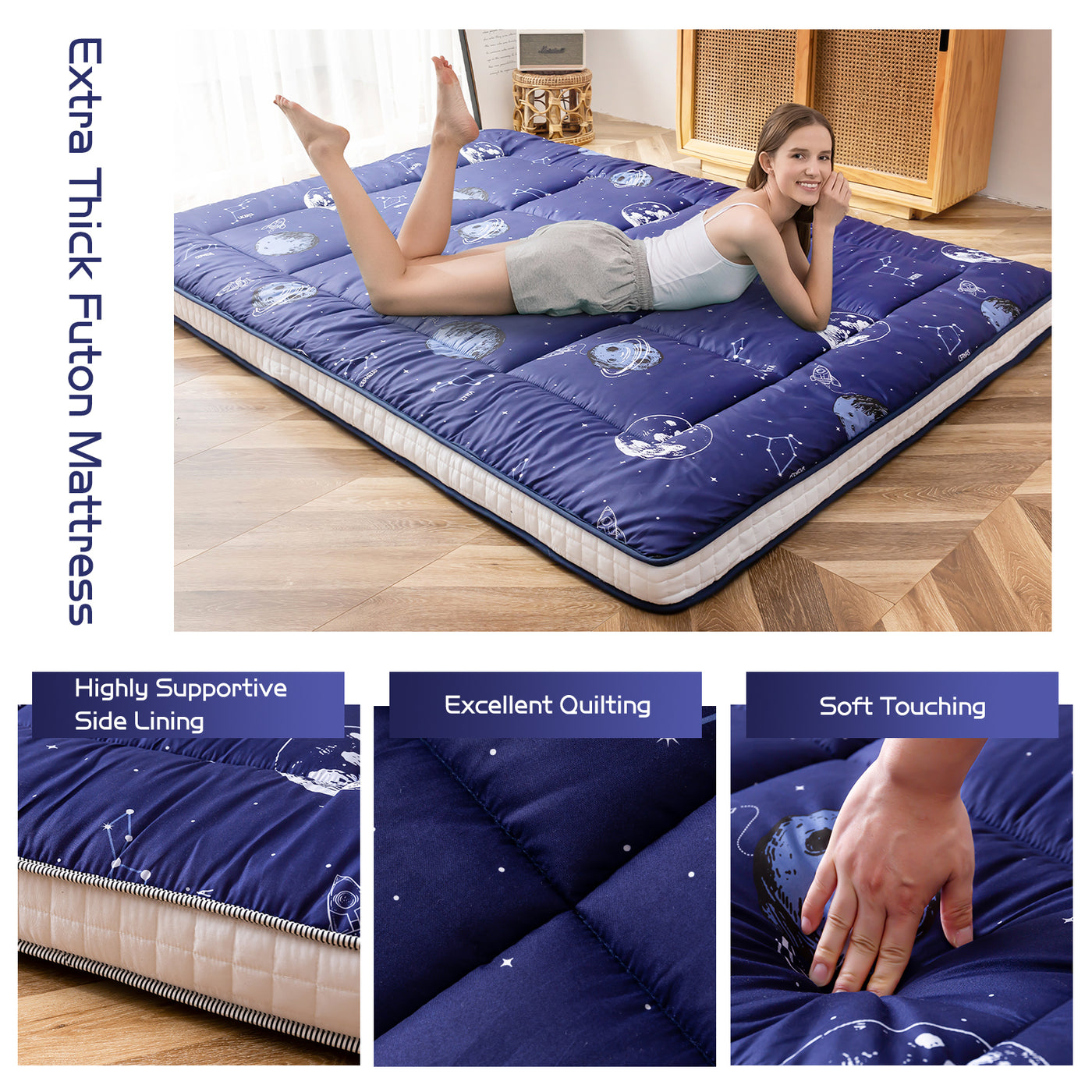 MAXYOYO Padded Japanese Floor Mattress,  Navy Space Adventure