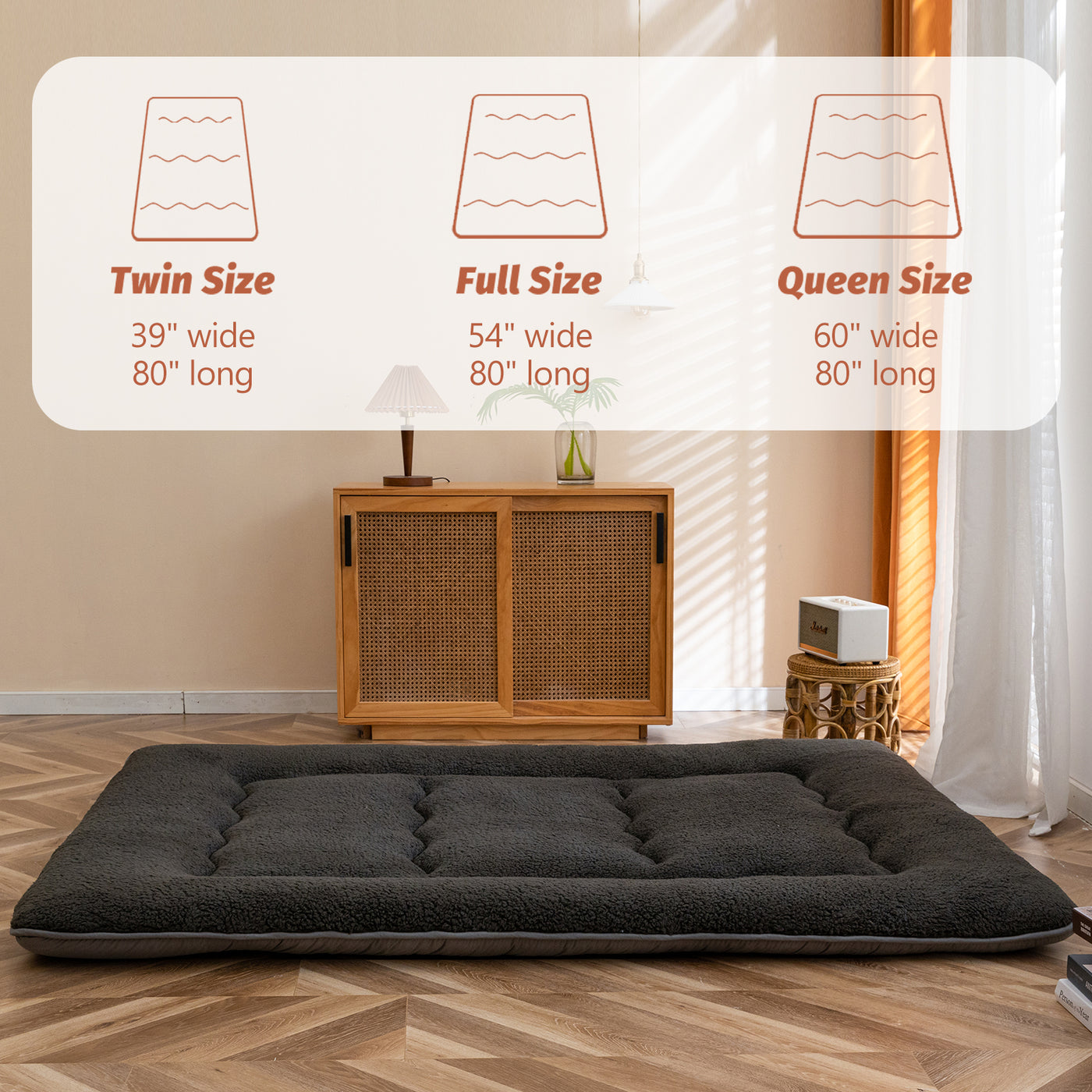 MAXYOYO Sherpa Fleece Japanese Floor Mattress Roll Up Futon Mattress, Dark Grey