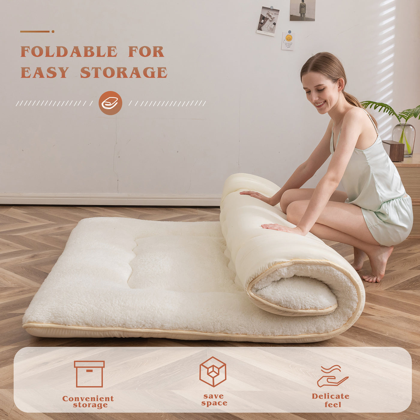 MAXYOYO Sherpa Fleece Japanese Floor Mattress Roll Up Futon Mattress, Beige