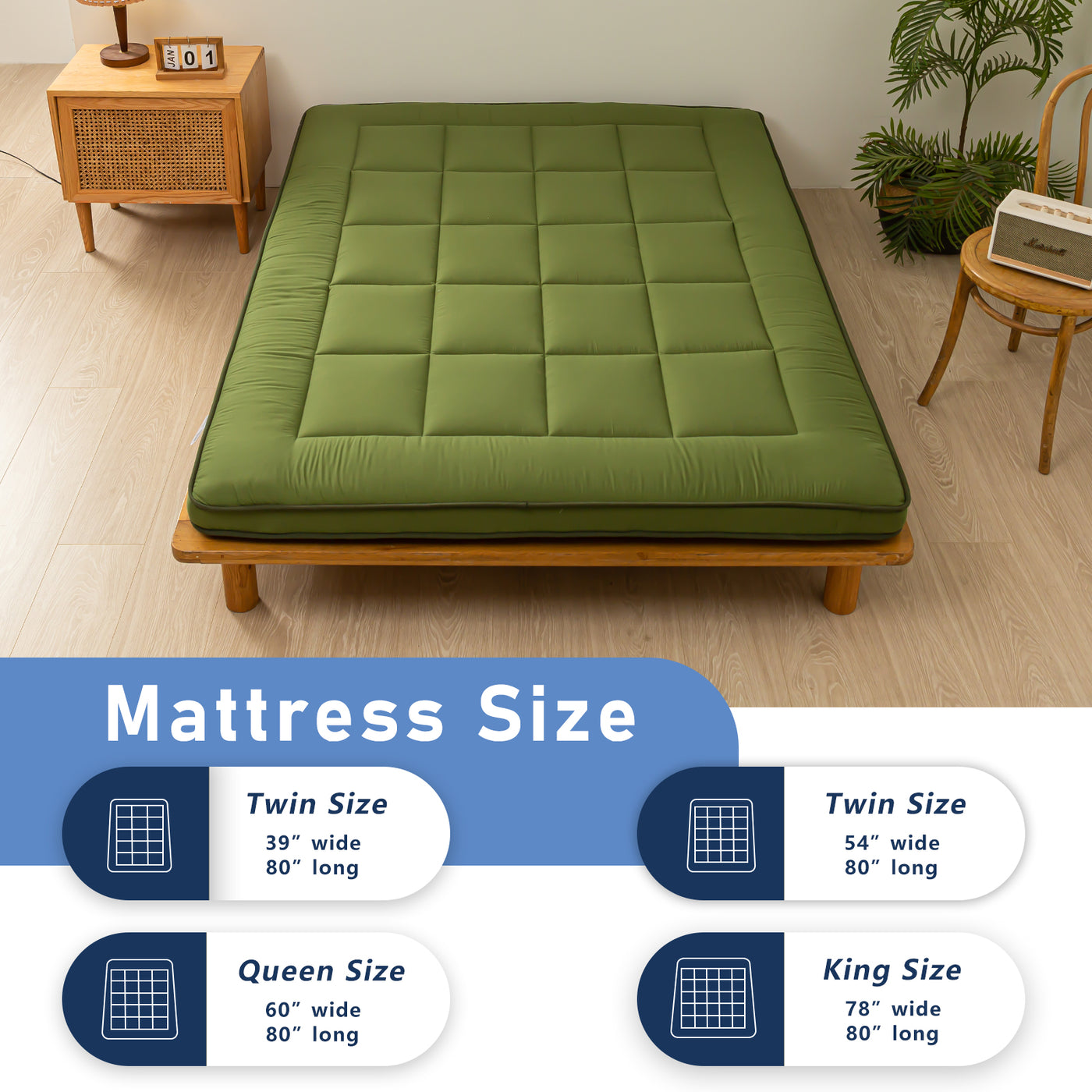 MAXYOYO Japanese Floor Mattress for Adults, 4" Thick Roll Up Floor Bed Futon Mattress Shikibuton, Green