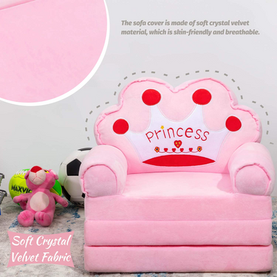 MAXYOYO Pink Foldable Kids Sofa, Cartoon Upholstered 2 in 1 Flip Open Couch Seat for Infant Toddler Baby Girls, Pink Crown