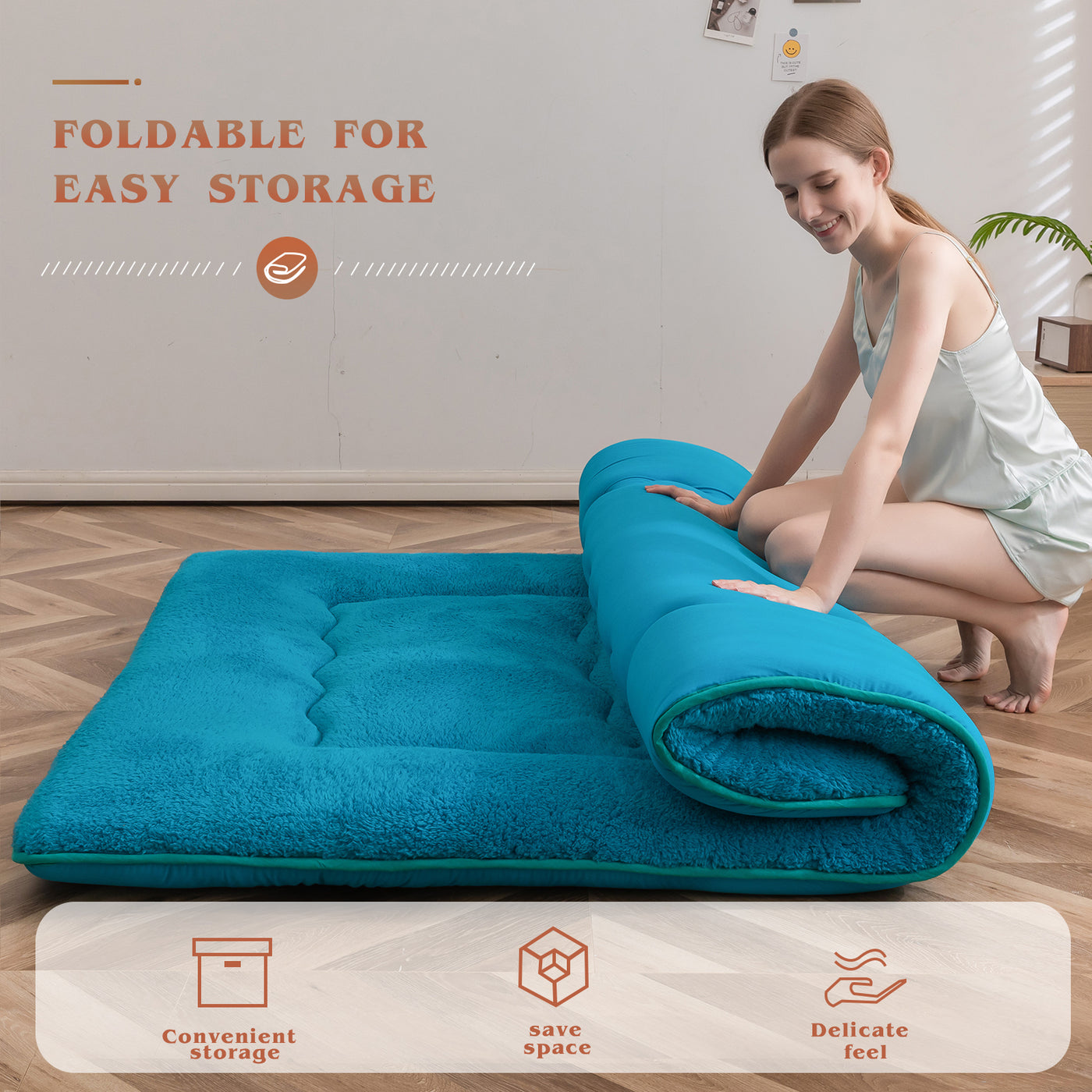 MAXYOYO Sherpa Fleece Japanese Floor Mattress Roll Up Futon Mattress, Turquoise