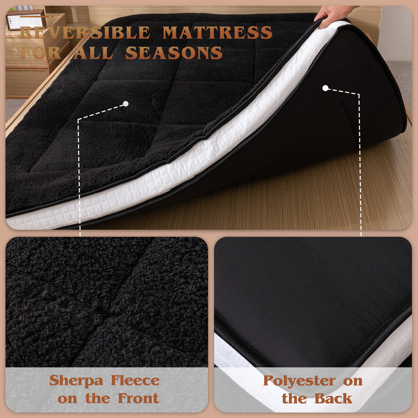 MAXYOYO Sherpa Fleece Padded Japanese Floor Mattress, Fluffy Wool-Like Fleece Floor Mattress for All Seasons, Black