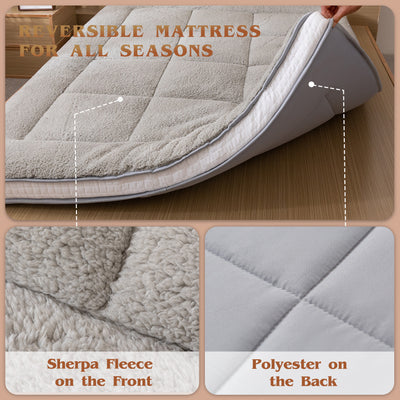 MAXYOYO Sherpa Fleece Padded Japanese Floor Mattress, Fluffy Futon Mattress for All Seasons, Grey
