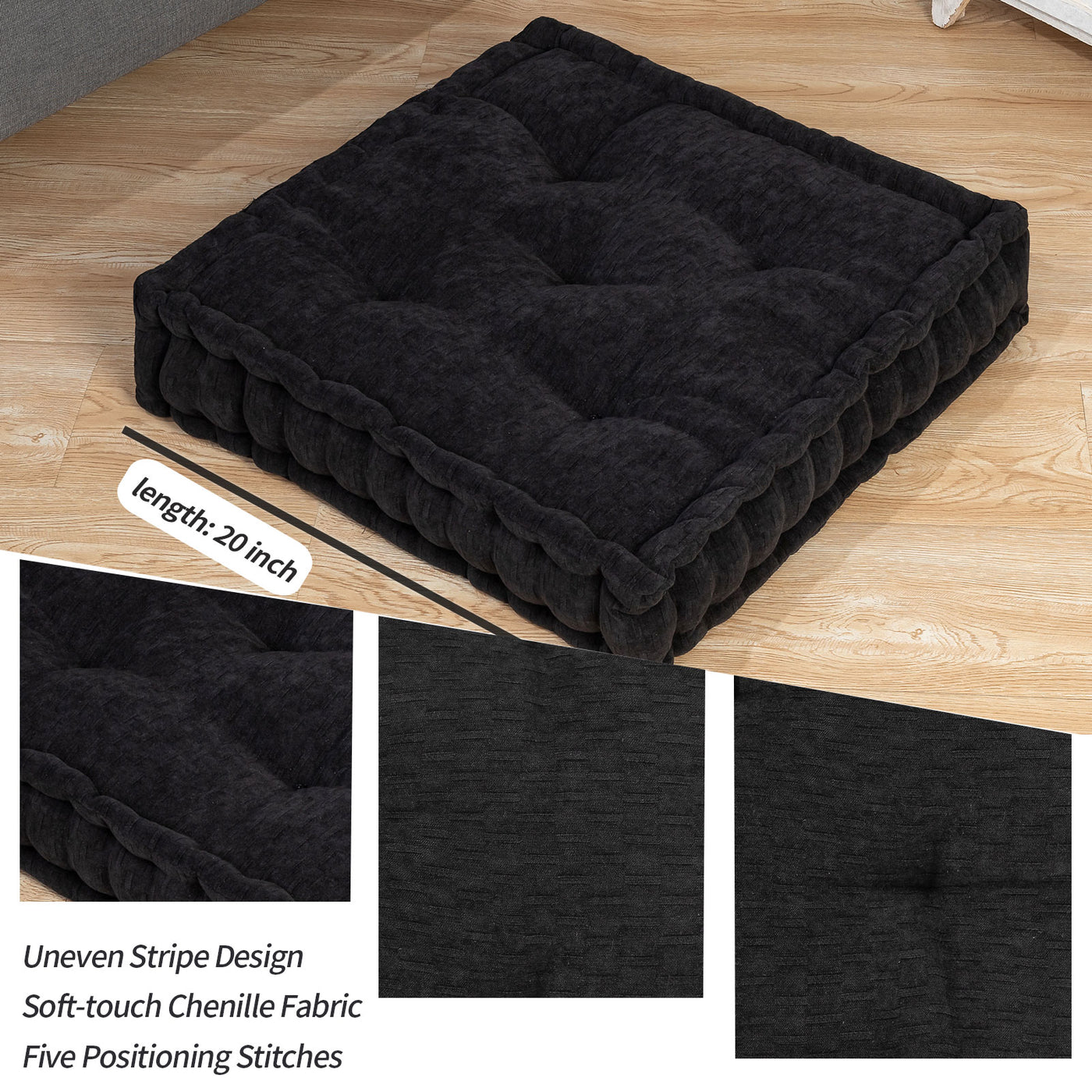 MAXYOYO Square Chenille Floor Pillow, Black, 20"x20"x5.5"