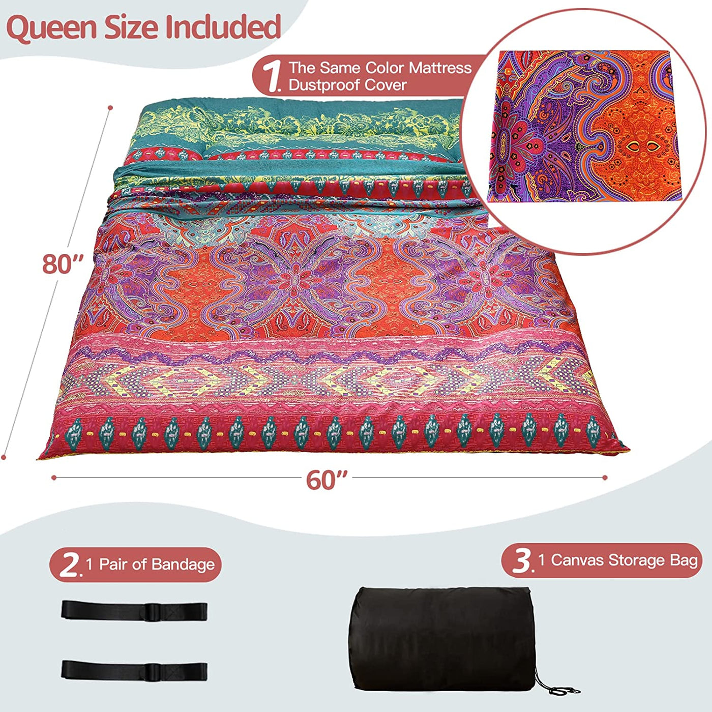 MAXYOYO Bohemian Retro Floor Mattress Boho Floral Style Japanese Futon Mattress