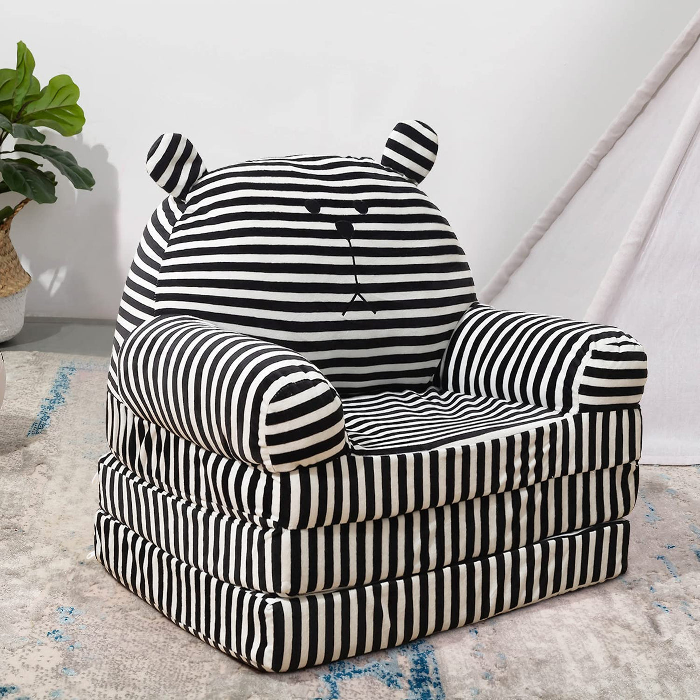 MAXYOYO Plush Foldable Kids Sofa, Bear Shape Children Couch Backrest Armchair Bed with Pocket