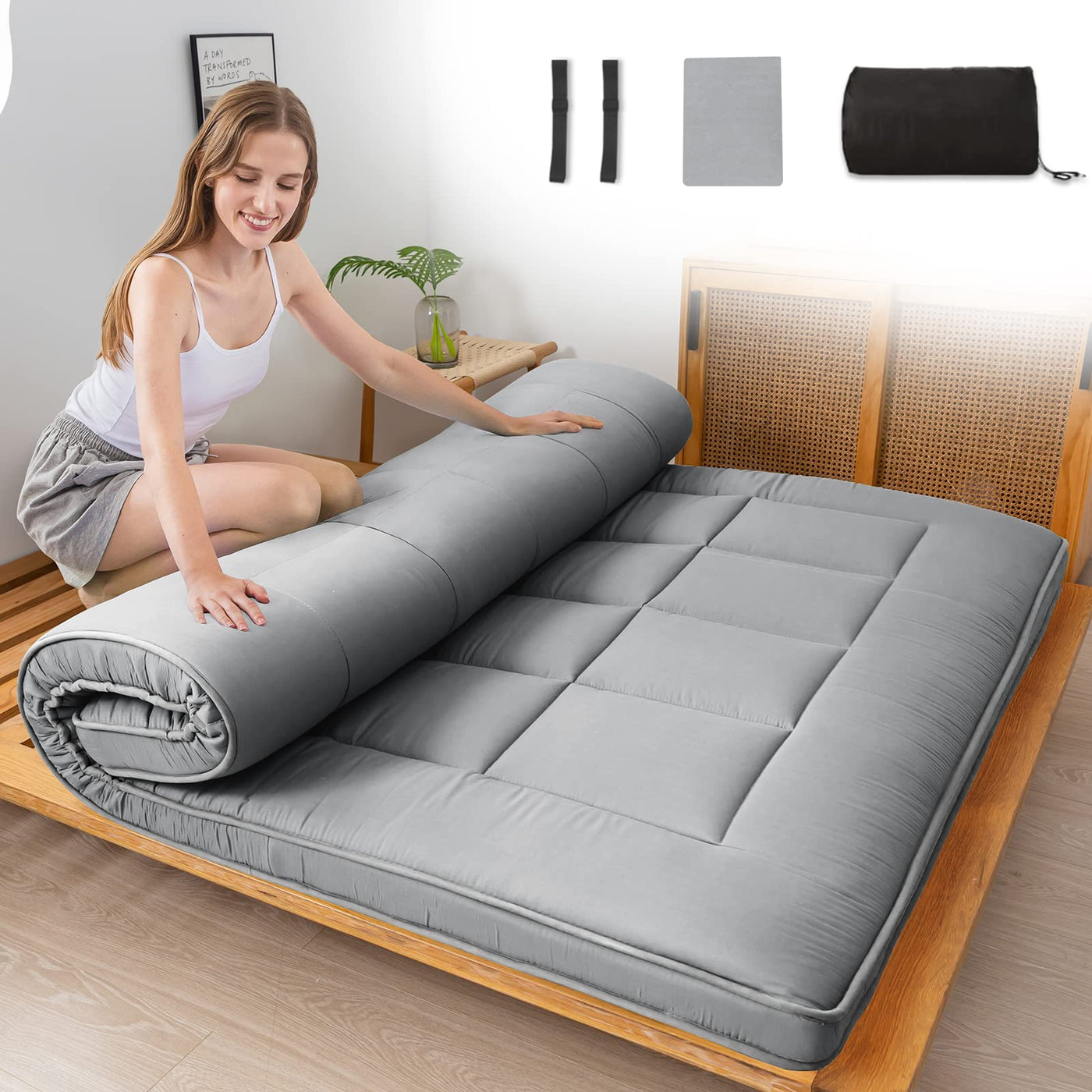 MAXYOYO Japanese Floor Mattress for Adults, 4" Thick Roll Up Floor Bed Futon Mattress Shikibuton, Grey