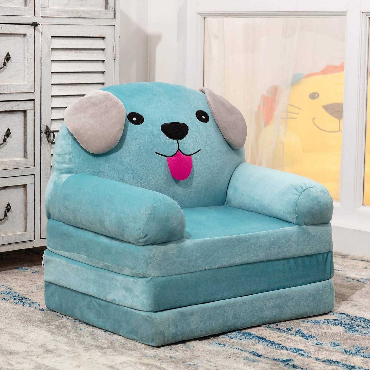 MAXYOYO Cartoon Foldable Kids Sofa, Plush Dog Shape Children Armchair