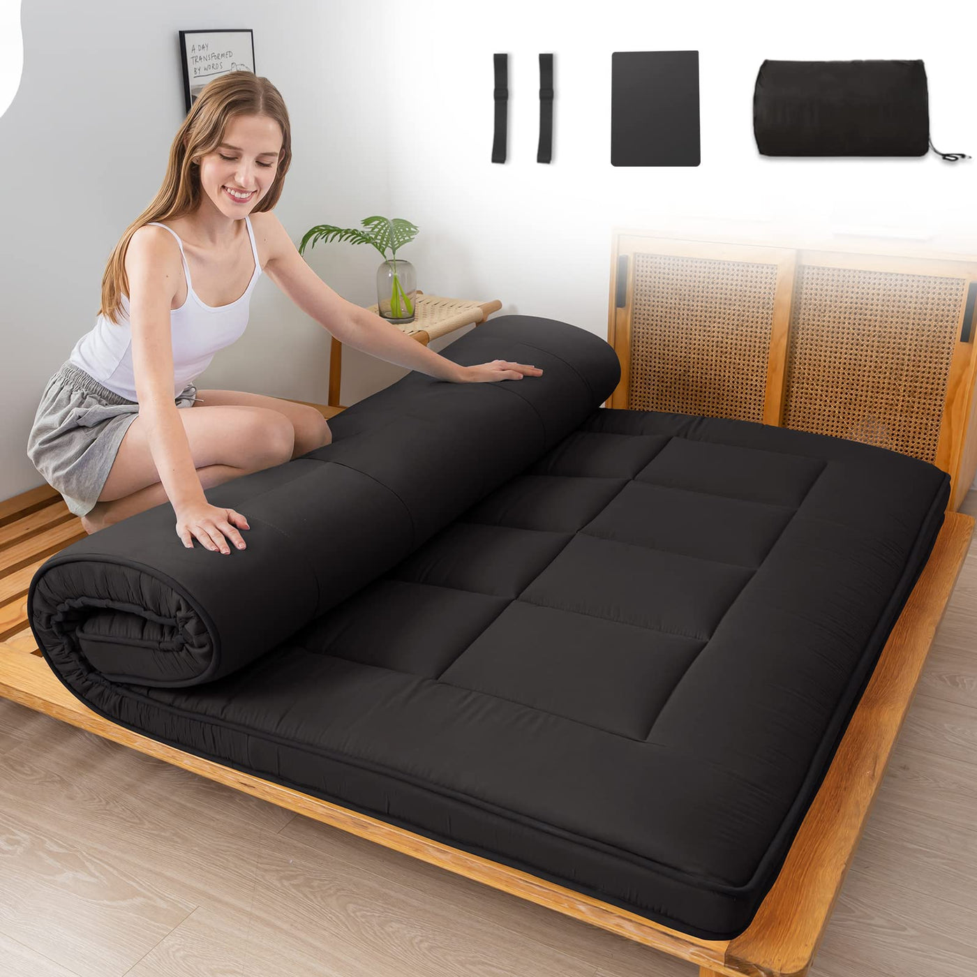 MAXYOYO Japanese Floor Mattress for Adults, 4" Thick Roll Up Floor Bed Futon Mattress Shikibuton, Black
