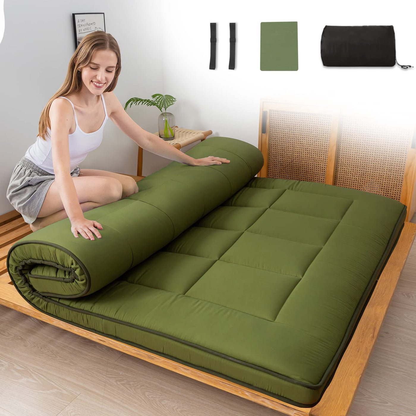 MAXYOYO Japanese Floor Mattress for Adults, 4" Thick Roll Up Floor Bed Futon Mattress Shikibuton, Green